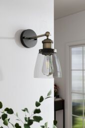 Living and Home 14cm W x 16cm H Industrial 1-Light Armed Sconce with Clear Glass Shade in Black - Size: 14 cm W x 16 cm H