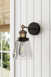 Living and Home 14cm W x 16cm H Industrial 1-Light Armed Sconce with Clear Glass Shade in Black - Size: 14 cm W x 16 cm H - thumbnail 2