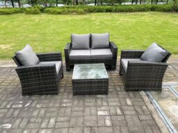 Fimous 4 Seater Dark Grey Mixed High Back Rattan Sofa Set Square Coffee Table Garden Furniture Outdoor Patio - thumbnail 1
