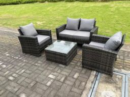 Fimous 4 Seater Dark Grey Mixed High Back Rattan Sofa Set Square Coffee Table Garden Furniture Outdoor Patio - thumbnail 3