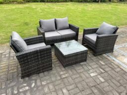 Fimous 4 Seater Dark Grey Mixed High Back Rattan Sofa Set Square Coffee Table Garden Furniture Outdoor Patio - thumbnail 2