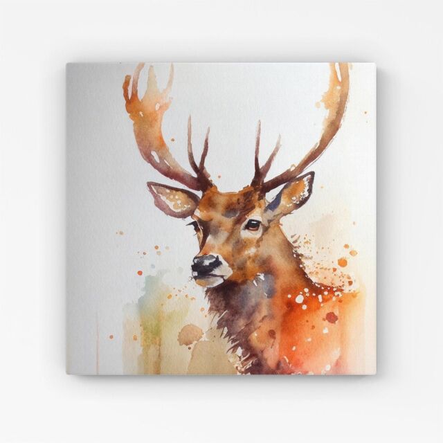 "Warren Reed - Designer Majestic Stag Watercolour Canvas in Brown - Size: W16"" x H16""" - image 1