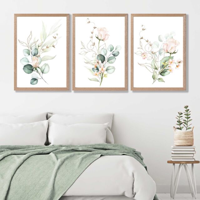 ARTZE Pink Floral Roses Set of 3 Wall Art Prints with Oak Frame. Size: A2 in Rose - Size: W53 cm x H73 cm x D20mm - image 1