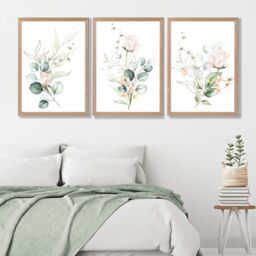 ARTZE Pink Floral Roses Set of 3 Wall Art Prints with Oak Frame. Size: A2 in Rose - Size: W53 cm x H73 cm x D20mm - thumbnail 1