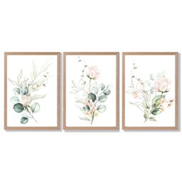 ARTZE Pink Floral Roses Set of 3 Wall Art Prints with Oak Frame. Size: A2 in Rose - Size: W53 cm x H73 cm x D20mm - thumbnail 2