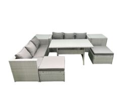 Fimous Rattan Garden Furniture Set 8 Seater Outdoor Sofa Set with Dining Table 2 Side Tables 2 Big Footstools Light Grey Mixed - thumbnail 1