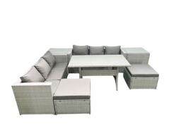 Fimous Rattan Garden Furniture Set 8 Seater Outdoor Sofa Set with Dining Table 2 Side Tables 2 Big Footstools Light Grey Mixed - thumbnail 2