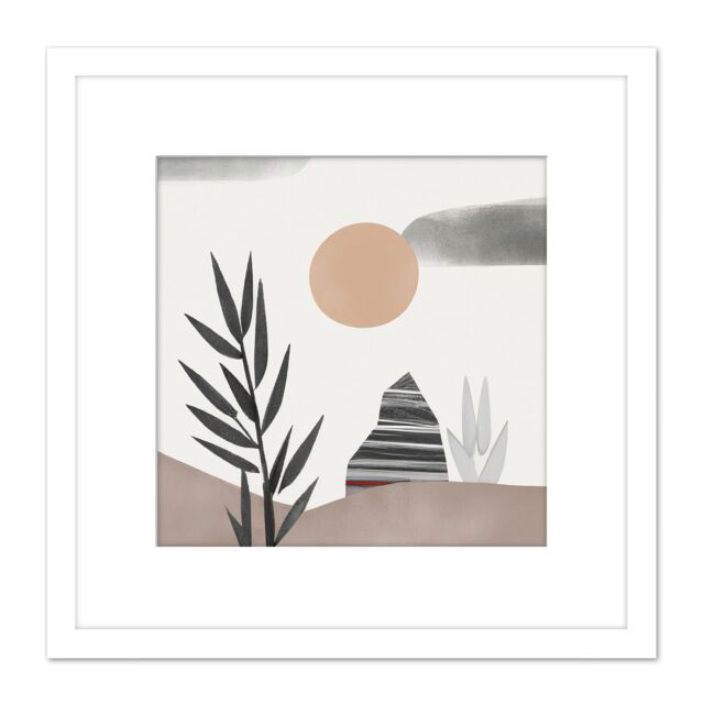Artery8 Boho Bohemian Abstract Simple Grey Beige Muted Landscape Pastel Watercolour Painting Square Wooden Framed Wall Art Print Picture 8X8 Inch - image 1