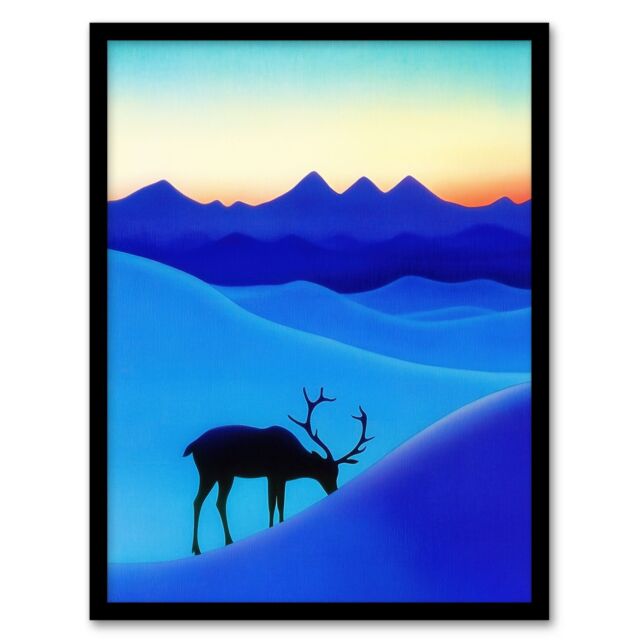 "Artery8 Reindeer Arctic Landscape Snow Dawn Watercolour Framed Art Print in Blue - Size: W12"" x H16""" - image 1