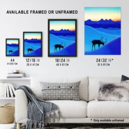 "Artery8 Reindeer Arctic Landscape Snow Dawn Watercolour Framed Art Print in Blue - Size: W12"" x H16""" - thumbnail 3