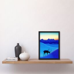 "Artery8 Reindeer Arctic Landscape Snow Dawn Watercolour Framed Art Print in Blue - Size: W12"" x H16""" - thumbnail 4