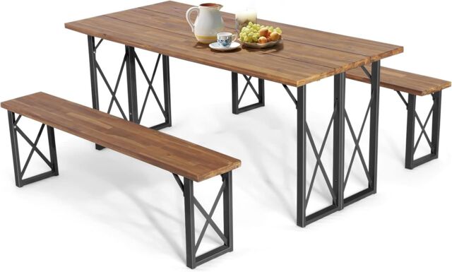 Gymax Picnic Table & Bench Set Outdoor Dining Table 2 Benches Umbrella Hole in Brown - image 1