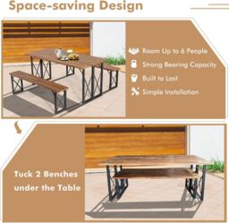 Gymax Picnic Table & Bench Set Outdoor Dining Table 2 Benches Umbrella Hole in Brown - thumbnail 2