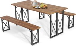Gymax Picnic Table & Bench Set Outdoor Dining Table 2 Benches Umbrella Hole in Brown - thumbnail 1