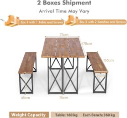Gymax Picnic Table & Bench Set Outdoor Dining Table 2 Benches Umbrella Hole in Brown - thumbnail 4