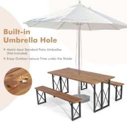 Gymax Picnic Table & Bench Set Outdoor Dining Table 2 Benches Umbrella Hole in Brown - thumbnail 3