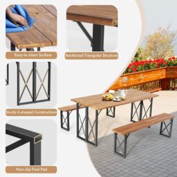 Gymax Picnic Table & Bench Set Outdoor Dining Table 2 Benches Umbrella Hole in Brown - thumbnail 6