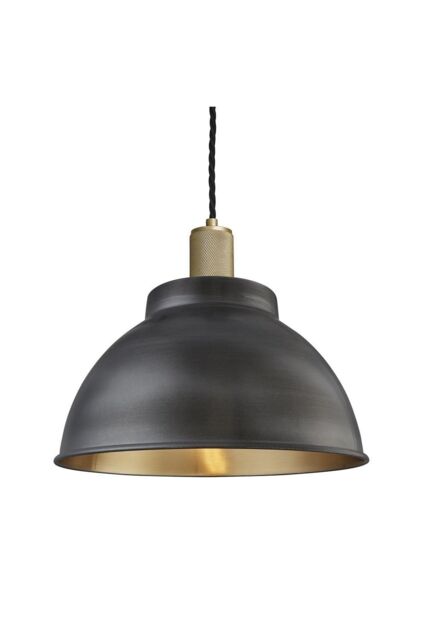 Industville Knurled Dome Pendant, 13 Inch, Pewter & Brass, Brass Holder in Bronze