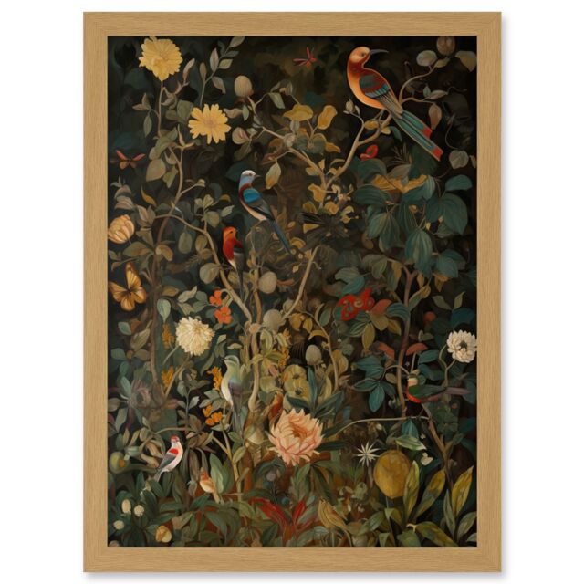 Artery8 Audubon Style Birds in Spring Flower Field Modern Artwork Framed Wall Art Print A4 in Light Oak - image 1