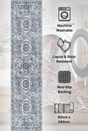 Kukoon Washable Runner Rug Blue Oriental Long Hallway Carpet Mat 60cm x 240cm in Mid Blue - Size: 60 cm x 240 cm