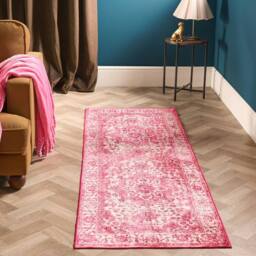 OHS Vintage Print Washable Runner Rug Non Slip Area Floor Mat in Bright Pink - Size: 60 cm x 150 cm