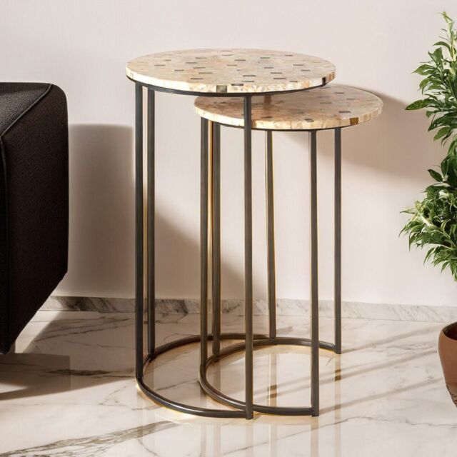 Orsina Set of 2 Pearl Side Nesting Tables, Round Top Tables with Black Iron Legs, Couch Side Tables for Living Room in Brown - image 1