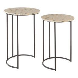Orsina Set of 2 Pearl Side Nesting Tables, Round Top Tables with Black Iron Legs, Couch Side Tables for Living Room in Brown - thumbnail 3