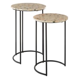 Orsina Set of 2 Pearl Side Nesting Tables, Round Top Tables with Black Iron Legs, Couch Side Tables for Living Room in Brown - thumbnail 2