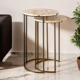 Orsina Set of 2 Pearl Side Nesting Tables, Round Top Tables with Black Iron Legs, Couch Side Tables for Living Room in Brown - thumbnail 1