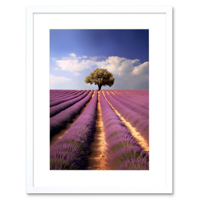 "Artery8 Wall Art Print Lavender Field Provence France Photograph Lone Tree Beautiful Flower Purple Blooms Artwork Framed 9X7 Inch - Size: W7"" x H9""" - image 1