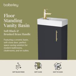 Balterley Floor Standing Vanity Basin 400mm Satin Soft Black & Brushed Brass Handle in Grey - thumbnail 2