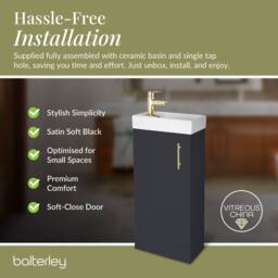 Balterley Floor Standing Vanity Basin 400mm Satin Soft Black & Brushed Brass Handle in Grey - thumbnail 7
