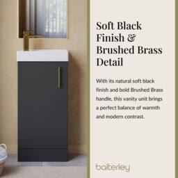 Balterley Floor Standing Vanity Basin 400mm Satin Soft Black & Brushed Brass Handle in Grey - thumbnail 4