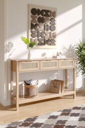 H&O Direct Rustic Wood & Rattan Console Table with 3 Drawers in Natural - thumbnail 3