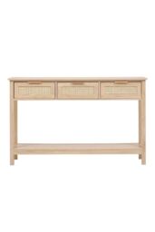 H&O Direct Rustic Wood & Rattan Console Table with 3 Drawers in Natural