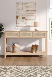 H&O Direct Rustic Wood & Rattan Console Table with 3 Drawers in Natural - thumbnail 2