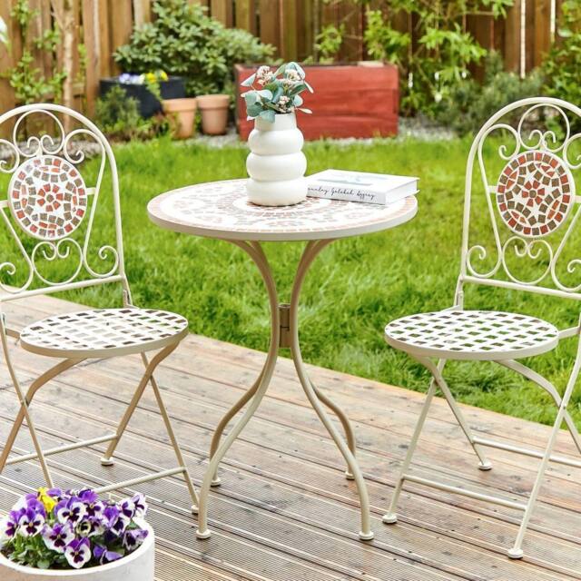 Wyld and Coco Garden Vista White Metal Bistro Set Mosaic Table and 2 Folding Chairs - image 1
