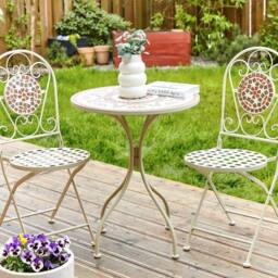 Wyld and Coco Garden Vista White Metal Bistro Set Mosaic Table and 2 Folding Chairs - thumbnail 1
