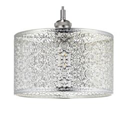 Happy Homewares Ornate Moroccan Style Decorated Metal Pendant Lighting Shade in Silver