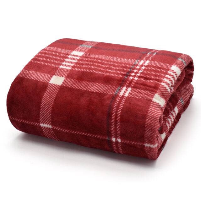 Velosso Supersnug Plush Blanket in Classic Tartan - Soft Velour Sofa Throw in Wine - Size: 130 cm x 180 cm
