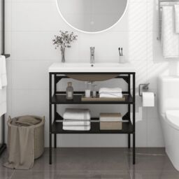 Berkfield Home Bathroom Washbasin Frame with Built-in Basin Black Iron - thumbnail 1