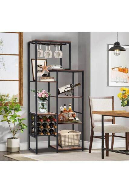 H&O Direct Floor Mounted Wine Rack Display Shelves with Wineglass Hook & Wine Storage in Brown - image 1