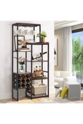 H&O Direct Floor Mounted Wine Rack Display Shelves with Wineglass Hook & Wine Storage in Brown - thumbnail 2