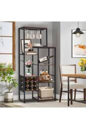 H&O Direct Floor Mounted Wine Rack Display Shelves with Wineglass Hook & Wine Storage in Brown - thumbnail 1