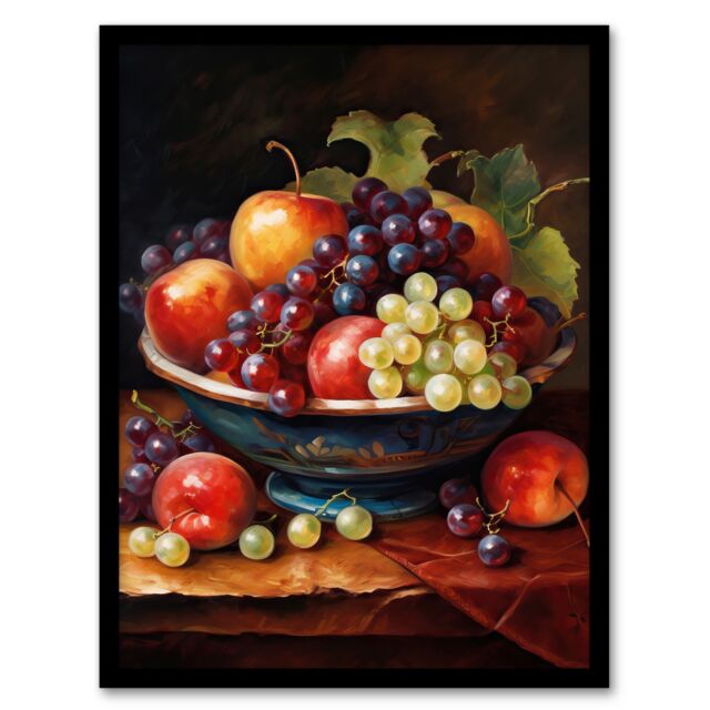 "Artery8 Classical Still Life Fruit Bowl Oil Painting Kitchen Art Print Framed Poster Wall Decor 12x16 inch in Black - Size: W12"" x H16""" - image 1