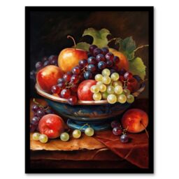 "Artery8 Classical Still Life Fruit Bowl Oil Painting Kitchen Art Print Framed Poster Wall Decor 12x16 inch in Black - Size: W12"" x H16""" - thumbnail 1