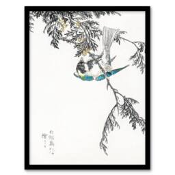 Artery8 Kashu Framed Wall Art Print Great Tit & Japan Cypress Japan - Size: A4 - thumbnail 1