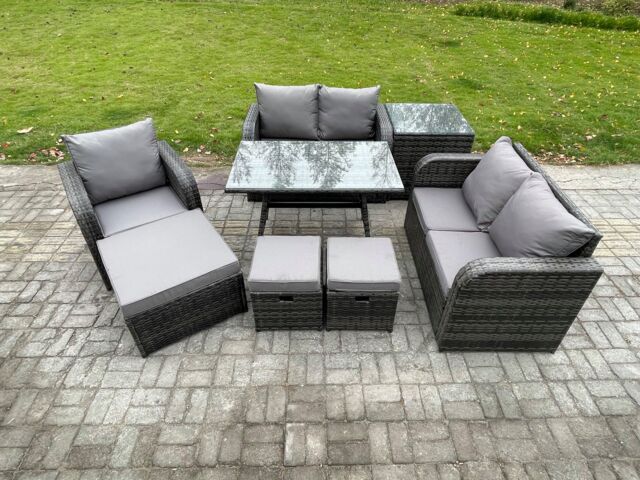 Fimous 8 Seater Outdoor Garden Dining Sets Rattan Furniture With Dining Table Armchairs Love Sofa 3 Footstools Side Table Dark Grey Mixed - image 1