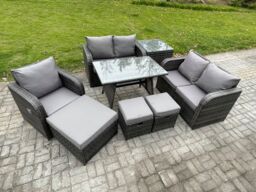 Fimous 8 Seater Outdoor Garden Dining Sets Rattan Furniture With Dining Table Armchairs Love Sofa 3 Footstools Side Table Dark Grey Mixed - thumbnail 2