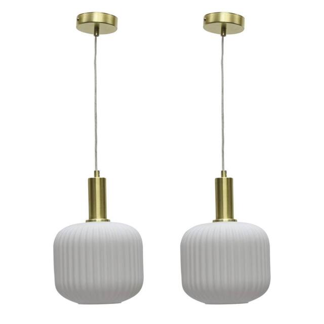 First Choice Lighting Set of 2 Bento - White Ribbed Glass Satin Brass Deco Pendant Fittings - image 1